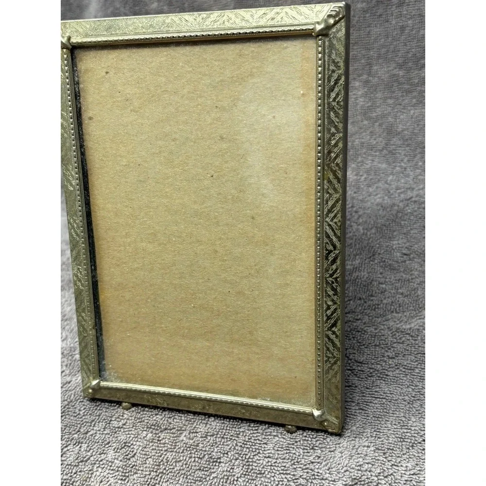 Vtg 5x7 Gold Tone Metal Picture Frame Ornate Etched Ball Feet Tabletop Art Deco